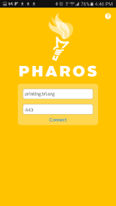 Configuration screen on the Pharos Mobile app with input boxes for "Server" and "Port".